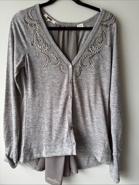 Miss Me Light Gray Embellished V-Neck Button Sweater embellished Medium